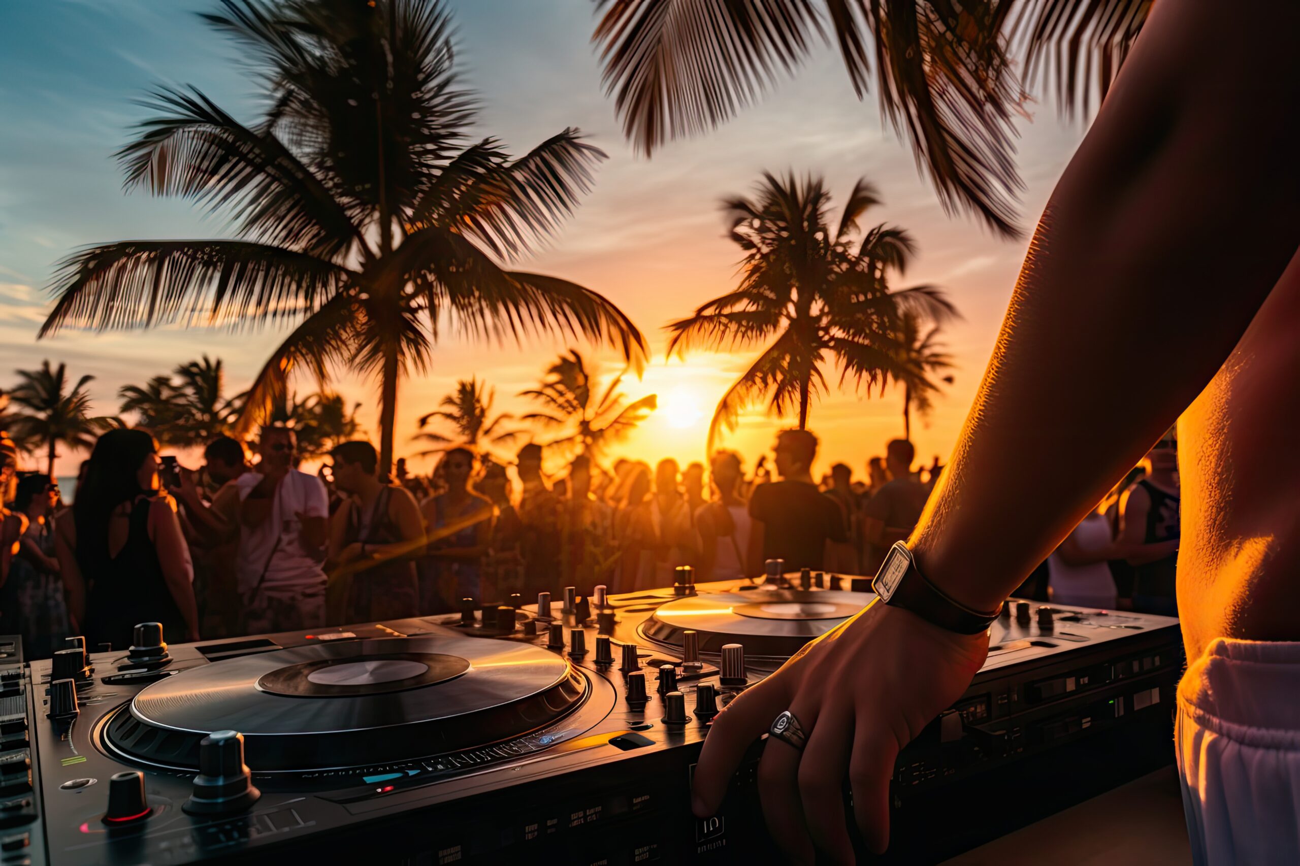 Dj Party at Sunset Beach, Summer Vacation Outdoor, Disc Jockey Hands Playing Music for Dancing Tourist People, Generative AI Illustration