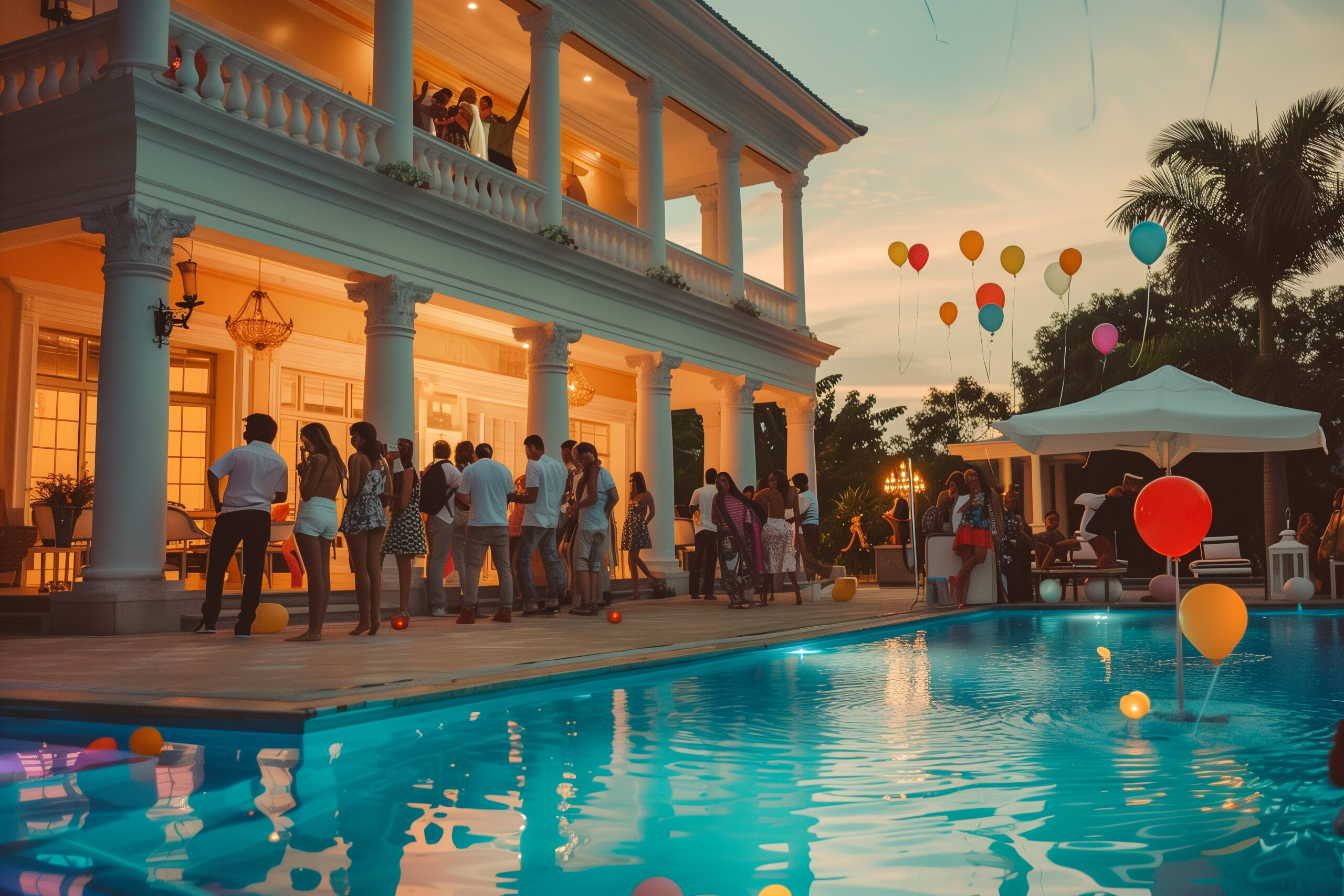 A group of people are gathered around a pool with balloons and lights. Scene is festive and lively