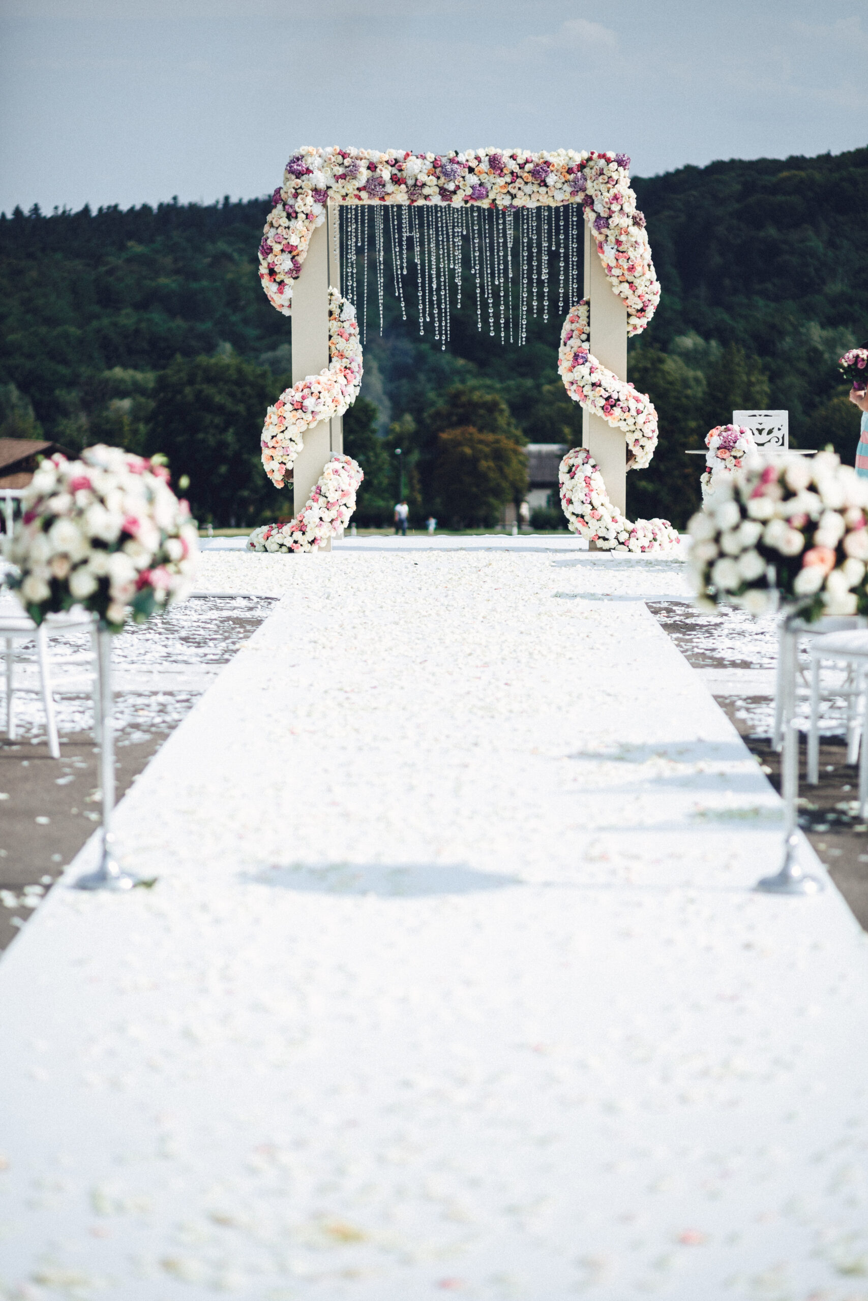 White path leads to wedding altar put somewhere in the mountains